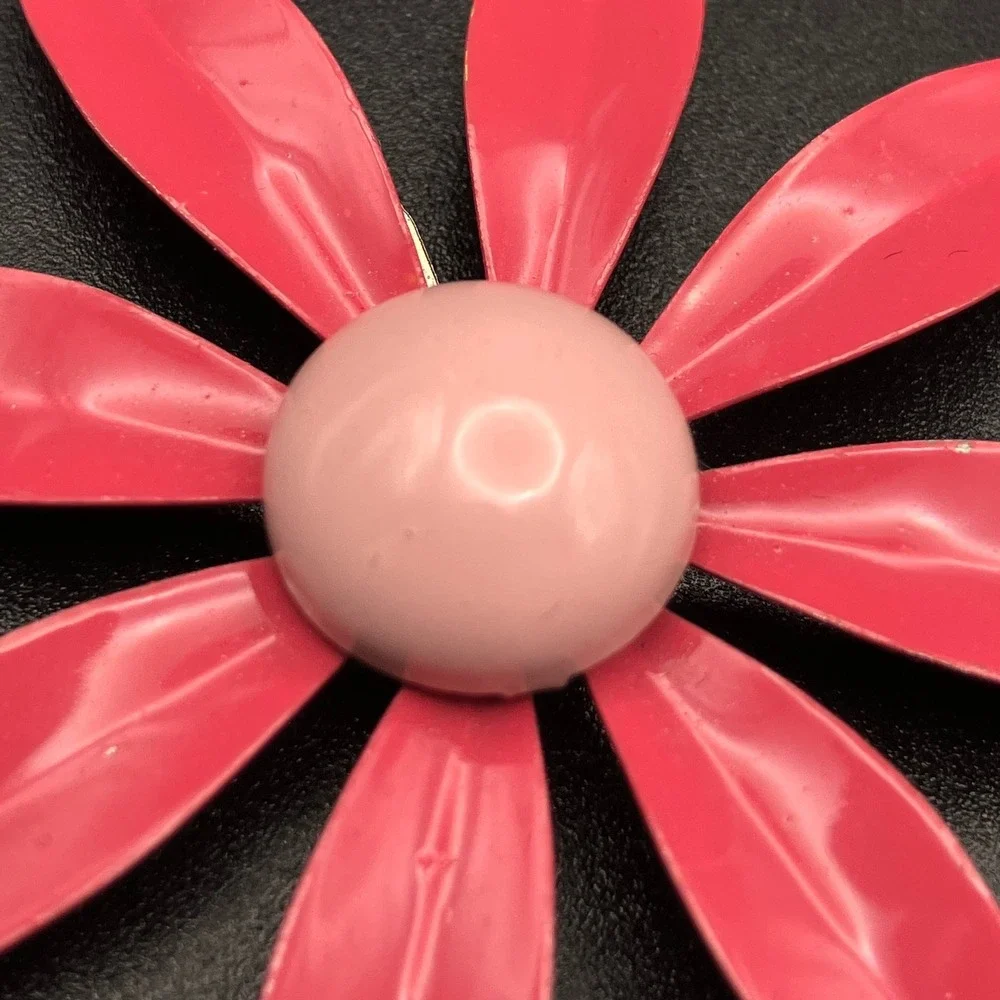 Vintage Pink Enamel Flower Brooch Mid Century Mod Pop Art Flower Power 2.75 